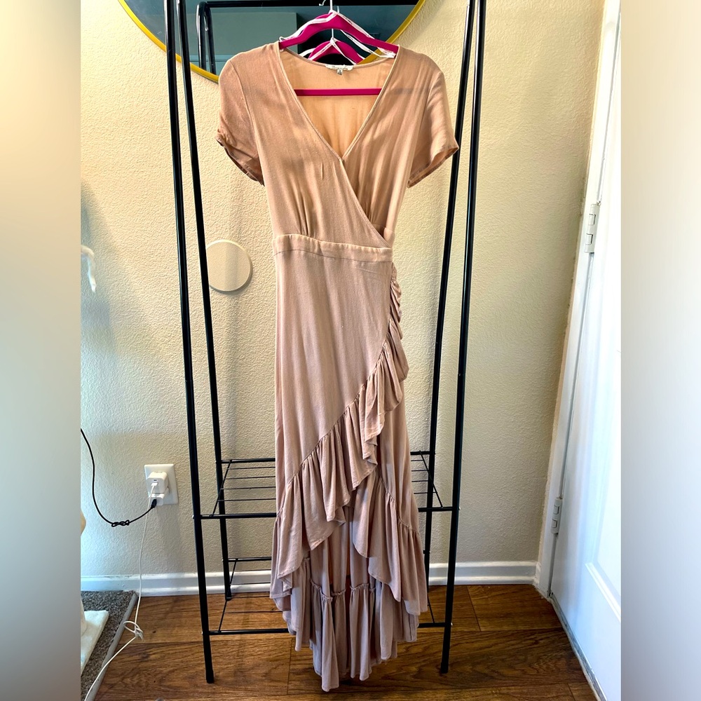 Long tan formal dress, wraparound size medium from the clothing company